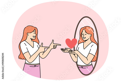 Woman with high self-esteem looks in mirror and sees reflection with heart, as metaphor for self-love. Good self-esteem allows girl to develop and not pay attention to envious people