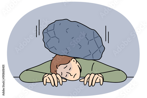 Huge load of stone lies on man back, putting pressure on tired clerk in need of help. Guy suffers from overload due to overwork and strict deadlines imposed by customer who wants to make more profit