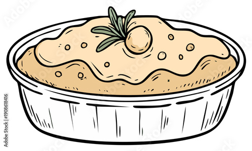 Delicious creamy savory food illustration served in a white bowl with a fresh herb and garnish topping