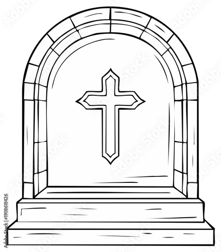 Outline illustration of a stone archway with a Christian cross emblem inside