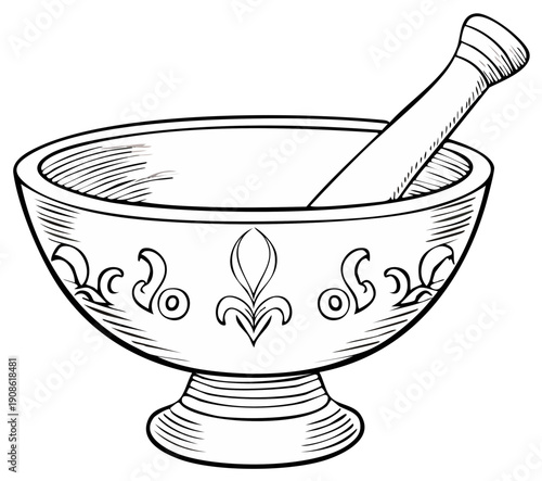 Illustration of antique mortar and pestle herbal medicine preparation