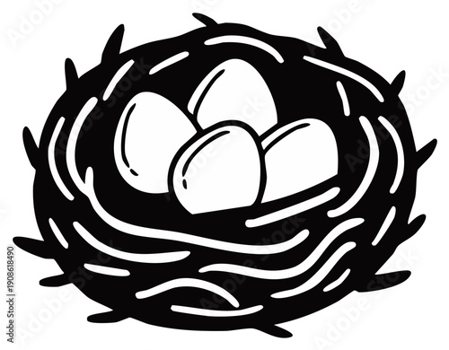 Black Silhouette of a Bird's Nest with Three Eggs