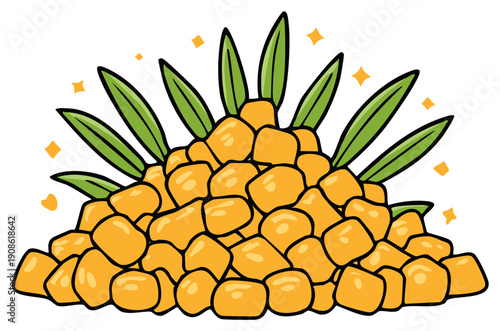 Stylized Pile of Sweet Corn Kernels with Green Leaves and Glitter Accents, Cartoon Food Illustration