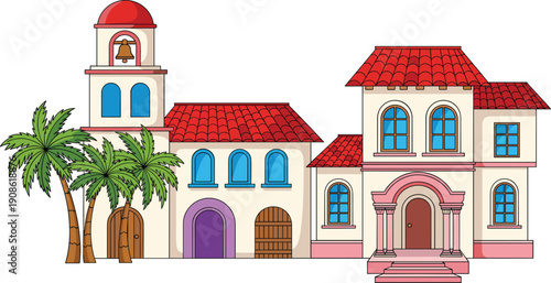Mediterranean style houses with palm trees colorful architecture vector illustration residential building exterior design