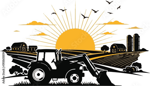 Agriculture Farm Landscape with Tractor Silhouette and Sunrise Over Rural Fields