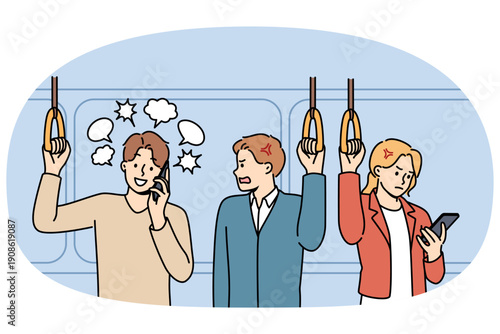 Man talks loudly on phone on bus, demonstrating disrespect for other public transport passengers. Tactless guy breaks silence and angers people on bus or tram due to lack of upbringing