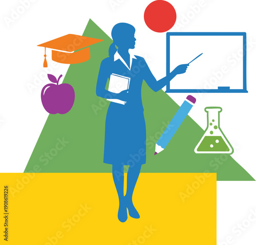 Teacher silhouette pointing at a whiteboard with educational icons like apple, graduation cap, and beaker