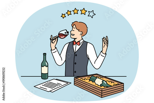 Man sommelier drinks wine from glass and gives rating out of 4 stars for drink with less than ideal taste. Sommelier tastes premium alcohol to choose best bordeaux for restaurant menu