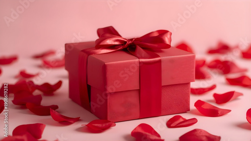 Red square gift box with silk ribbon bow surrounded by scattered red rose petals on pink background