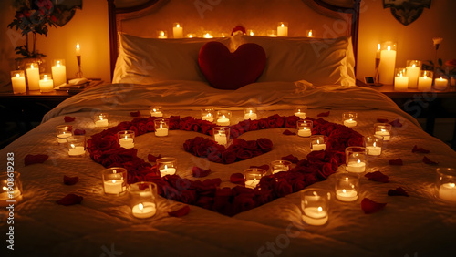 Elegant bedroom setup with heart shaped rose petal arrangement and glowing candles on white bed sheet