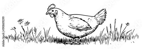 hand drawn chicken walking on grass in vintage sketch style