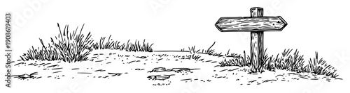 wooden signpost on rural path with grass in hand drawn sketch
