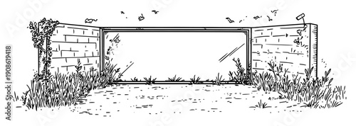 abandoned soccer goalpost with overgrown grass and brick wall