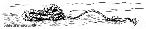 nautical rope in knot on beach shore hand drawn in vintage style