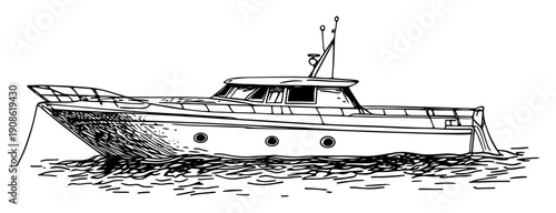 motor yacht boat on water in hand drawn vintage sketch style