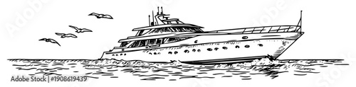 luxury yacht cruising with birds in sky hand drawn in sketch style