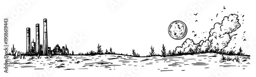 industrial pipes and smokestacks in barren landscape with moon