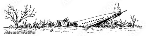crashed airplane wreck in desolate field hand drawn in sketch style