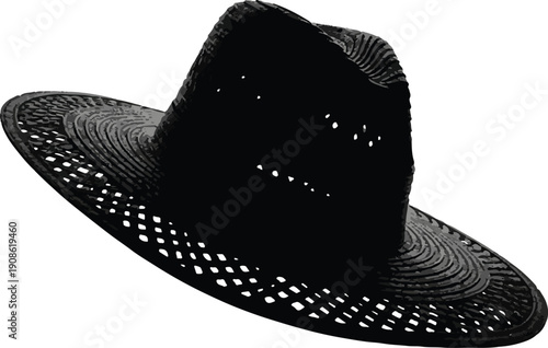 Black Straw Fedora Hat with Open Weave Wide Brim Isolated on White Background
