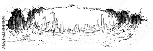 post apocalyptic city viewed through forest clearing in sketch style