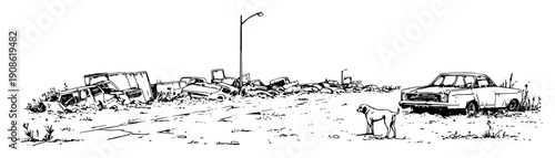 abandoned street with wrecked cars and stray dog in sketch style