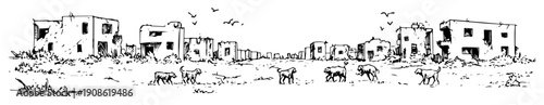 deserted village with stray dogs and birds in hand drawn style