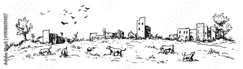 wild dogs in ruins of village in post apocalyptic landscape