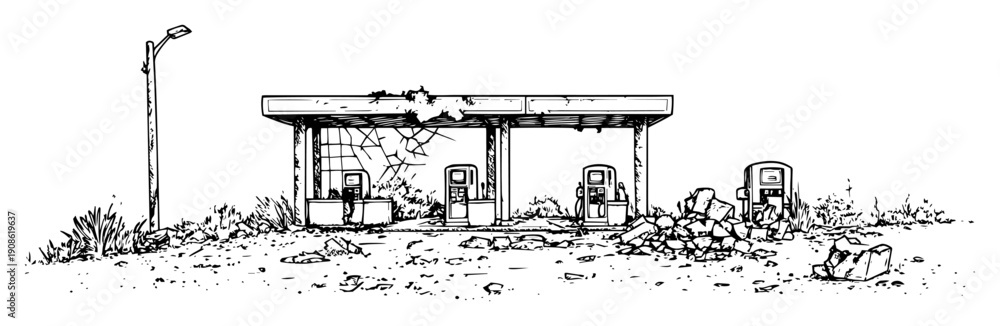 Obraz premium deserted gas station in apocalyptic environment with broken pumps