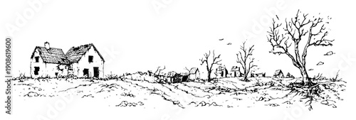 abandoned farmhouse and rural buildings in apocalyptic field