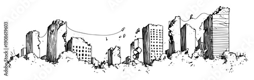 ruined skyscrapers in abandoned city skyline post disaster