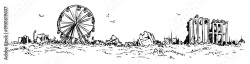 post apocalyptic amusement park with ruined ferris wheel