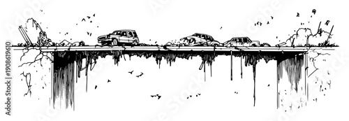 destroyed elevated highway with wrecked vehicles and debris