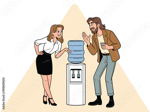 Colleagues chatting at the office water cooler, friendly conversation and break time