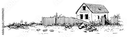 abandoned house with broken fence and overgrown yard in sketch style