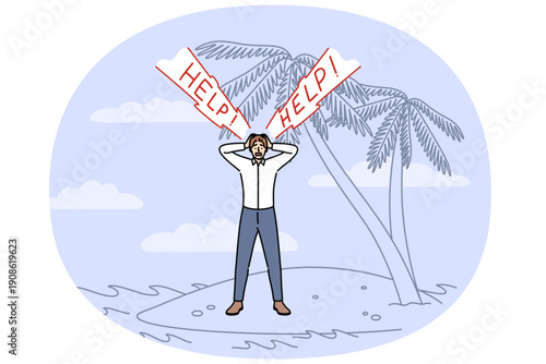 Business man shouts help standing on desert island, as metaphor for dismissal or bankruptcy. Panicking guy needs help to start over after startup collapses and financial recession.