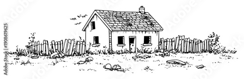 small ruined house with broken windows and crooked fence