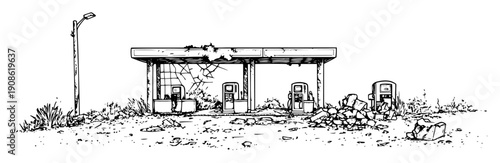 deserted gas station in apocalyptic environment with broken pumps