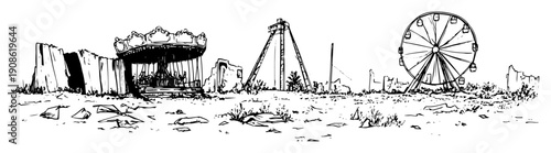 ruined amusement park with broken rides and ferris wheel