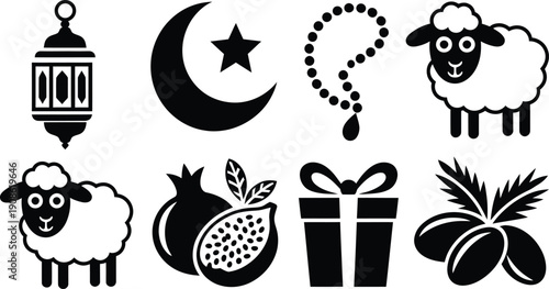 Eid Mubarak Icons Set with Lantern, Sheep, Gift and and Fruits