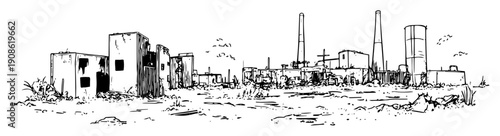 abandoned industrial complex with smokestacks and crumbling buildings