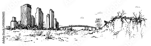 abandoned city skyline with ruined buildings and overgrown path