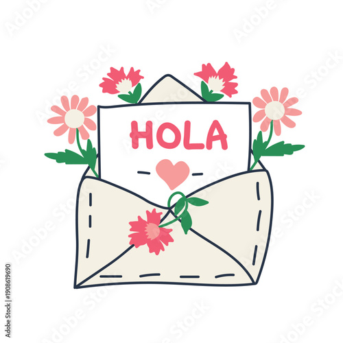 Translation from Spanish - Hello. Hello card. Envelope with a leaf decorated with flowers and leaves. Perfect design for greeting cards, posters and social media. Spanish Lettering.