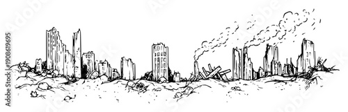 collapsed skyscrapers and smoking ruins in post apocalyptic city