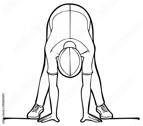 Line drawing of a person bending over to touch their toes with legs apart demonstrating flexibility