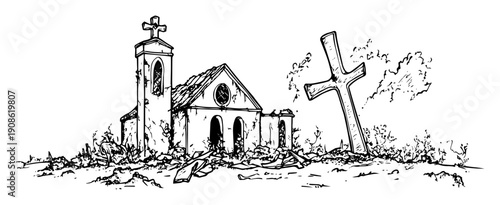 ruined church with collapsed cross in post apocalyptic landscape