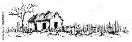 abandoned rural house with crooked fence and dry tree