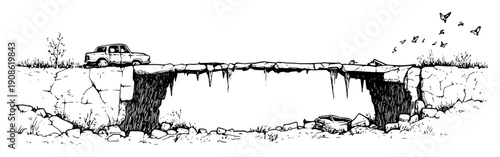 broken bridge with car and cliff in post apocalyptic scene