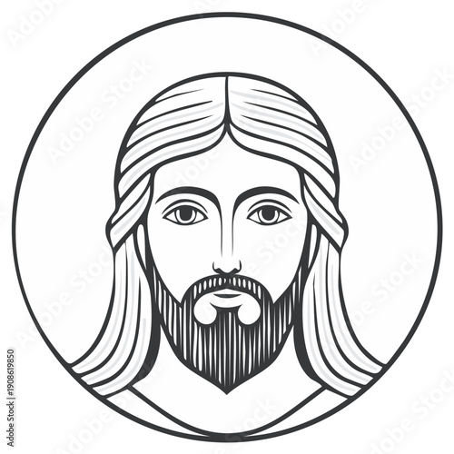 Stylized Portrait of Jesus Christ in a Circular Frame with Long Hair and Beard