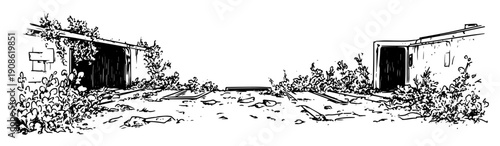 entrance to underground shelter with overgrown plants