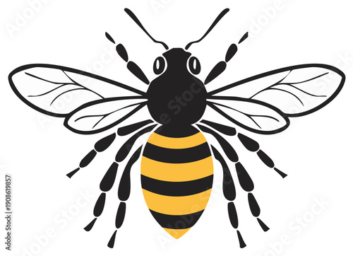 Stylized Black and Yellow Honey Bee with Wings and Antennae Illustration